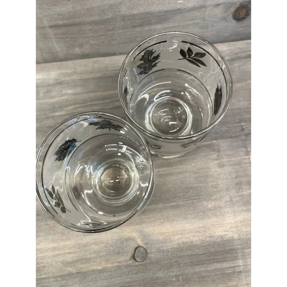 MCM Vintage Frosted Libbey Footed Juice Glasses Silver Leaf Pattern Low-Ball